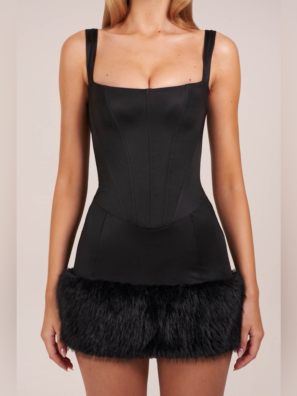 Oh Polly Rixelle Satin Square-Neck Corset Faux-Fur Mini Dress in Black - Size 6